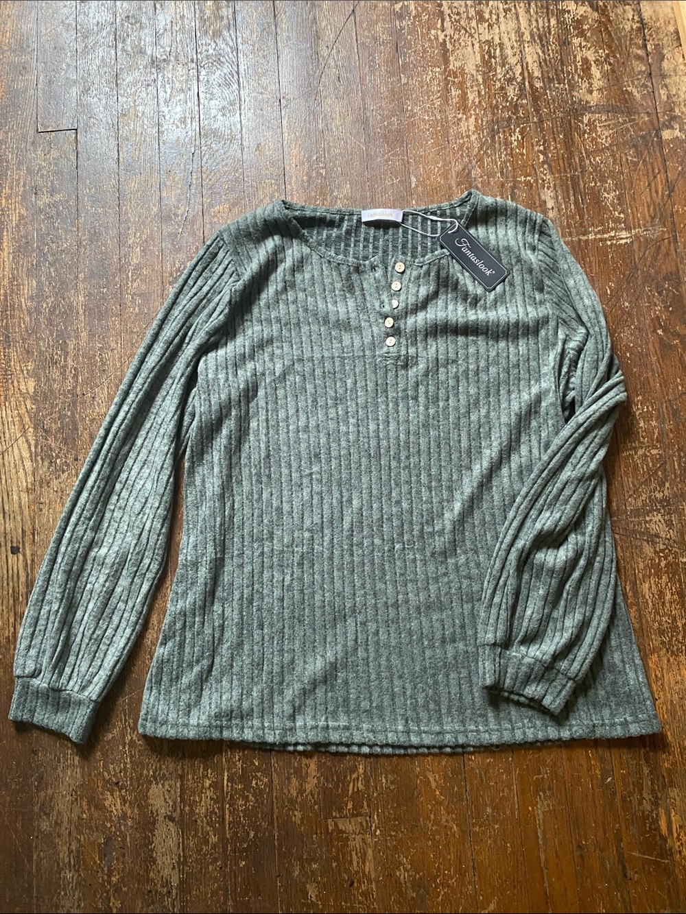 Women’s Long-Sleeve Ribbed Henley Shirt Sage Green Size 2X NWT
